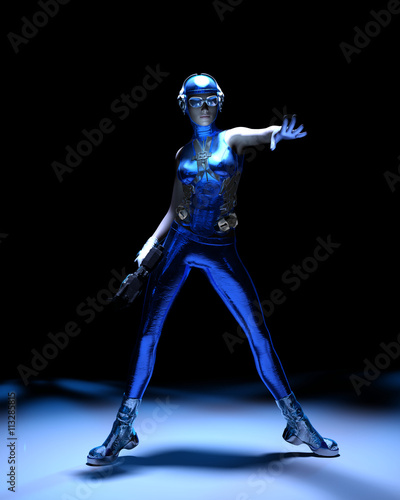 Sparkling cyber girl in blue sci-fi outfit on black background 3d render © Veronika