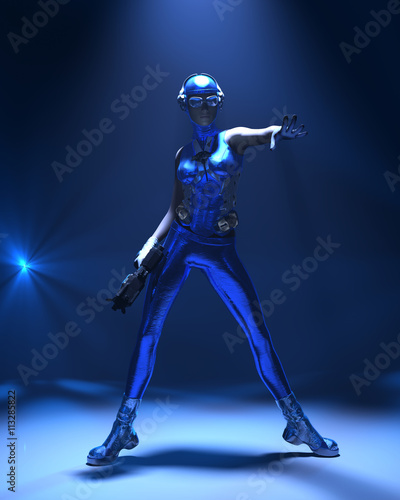 Sparkling cyber girl in sci-fi outfit surrounded with blue light on dark background 3d render © Veronika