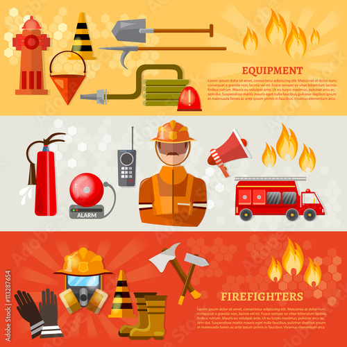 Professional firefighters banner equipment fireman fire safety