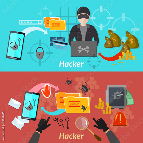 Hacker attack banner mobile phone hacking protecting computer