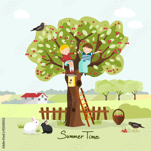 Kids on a cherry tree, summer greeting card, summer vector illustration, flat design