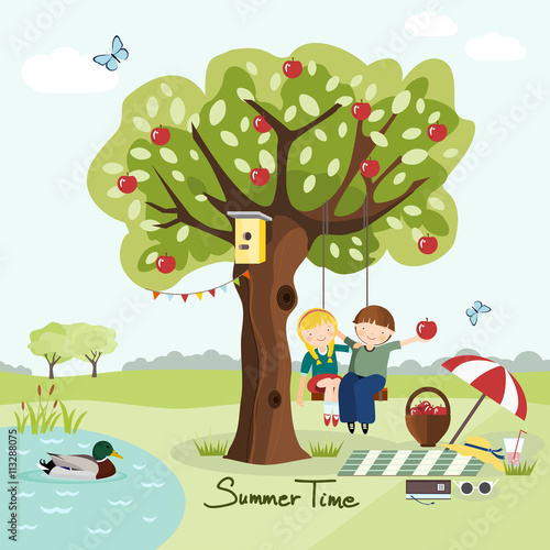 Kids swinging on a tree, summer greeting card, summer vector illustration, flat design