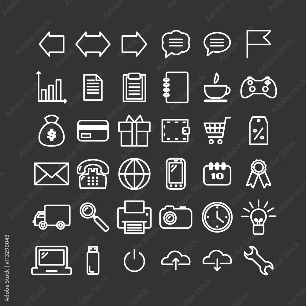 Collection of 36 universal linear icons. Thin icons for print, web, mobile apps design Collection of 36 universal linear icons. Thin icons for print, web, mobile apps design
