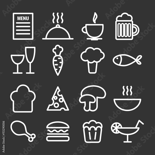 Collection of linear food icons. Thin restaurant icons for  print, web, mobile apps design