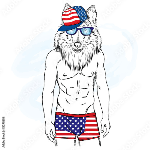 Dog with a human body in swimming trunks. The man with a beautiful body. Vector illustration for greeting card, poster, or print on clothing and accessories. © vitalygrin