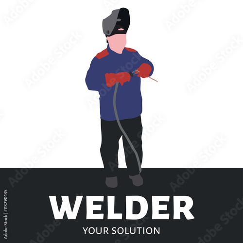Logo vector welding. A welder in coveralls holding electrode