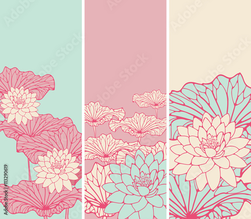 a set of Asian style floral bookmarks with lotus flowers and leaves in pink, ivory and blue