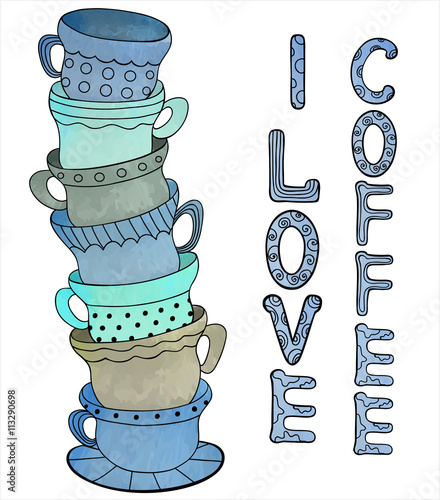 isolated watercolor background of cups with a beautiful ornament