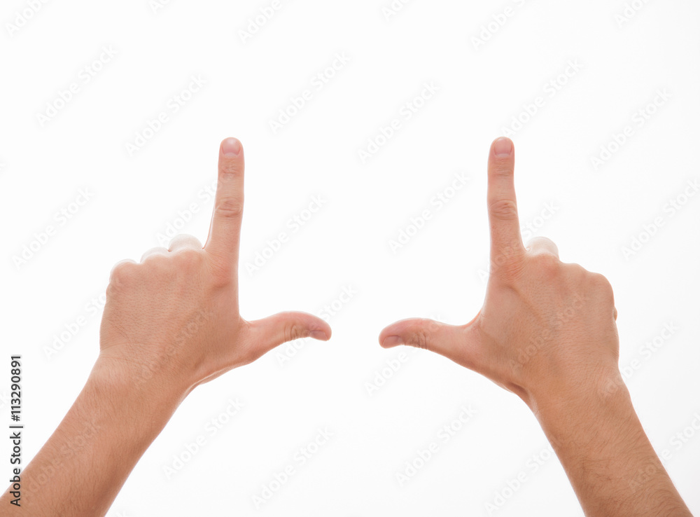 Man showing a rectangle shape Man showing a rectangle shape