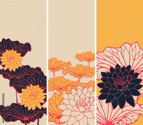 a set of Asian style floral bookmarks with lotus flowers and leaves in orange, red, ivory and black shades