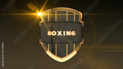 Seamless looping 3D animation of the word Boxing on a shield – orange light version; including alpha matte photo