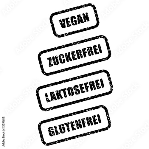 Stempel-Set: VEGAN, ZUCKERFREI, LAKTOSEFREI, GLUTENFREI – Vektor, grunge, schwarz-weiß, freigestellt