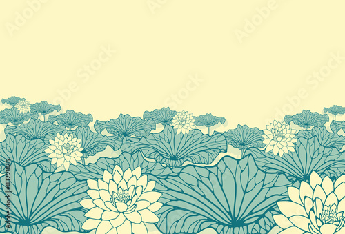 a field of lotus poster background in ivory and blue 
