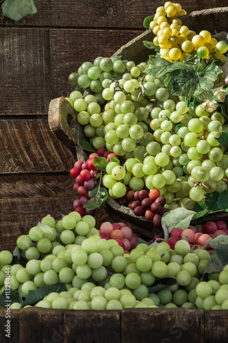 Bunch of Colorful Grapes in Wodden Basket on Shelf