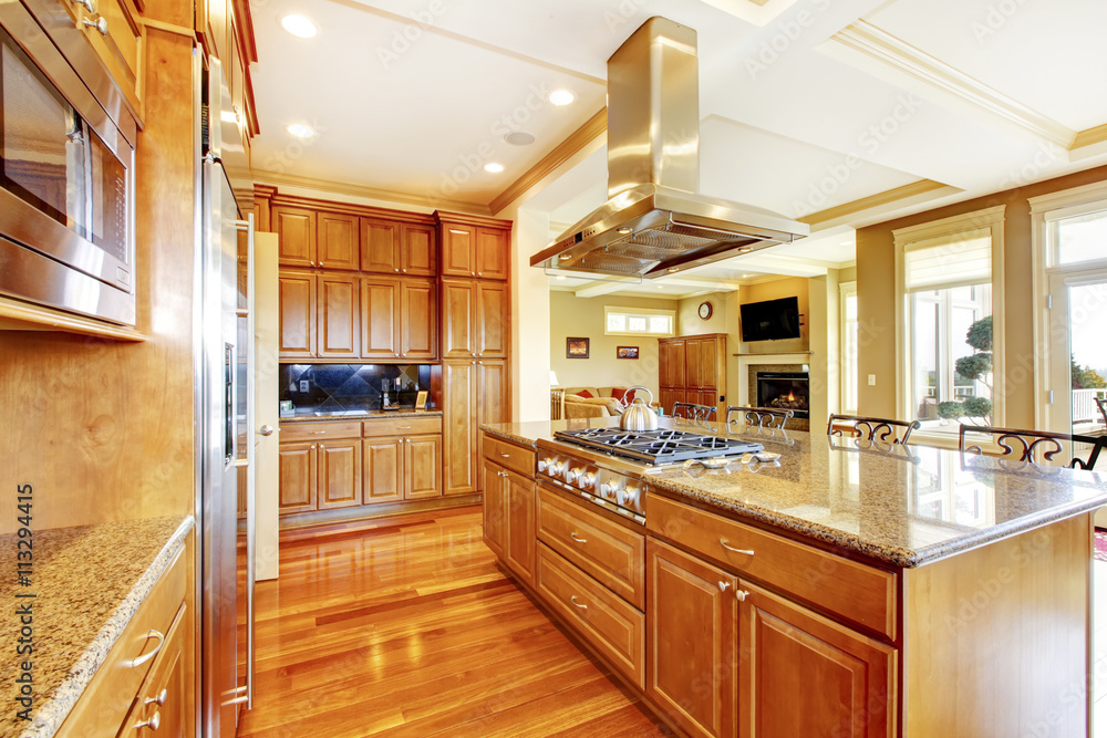 Modern wooden kitchen room design with hardwood floor, island, g Modern wooden kitchen room design with hardwood floor, island, g