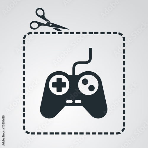 Icono plano tijeras cortando cupón con mando videojuegos en fondo degradado