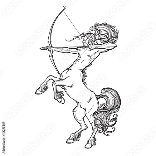 Rearing Centaur holding bow and arrow. Vintage style sketch.