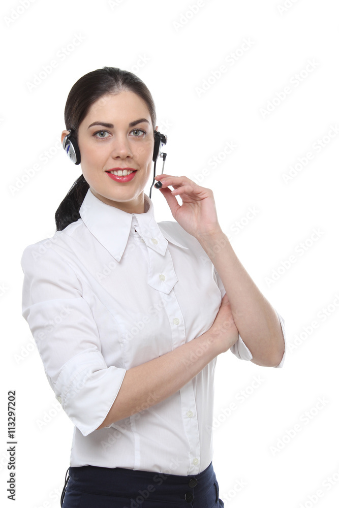 the portrait of young adult beautiful brunette woman with headset isolated on white background the portrait of young adult beautiful brunette woman with headset isolated on white background
