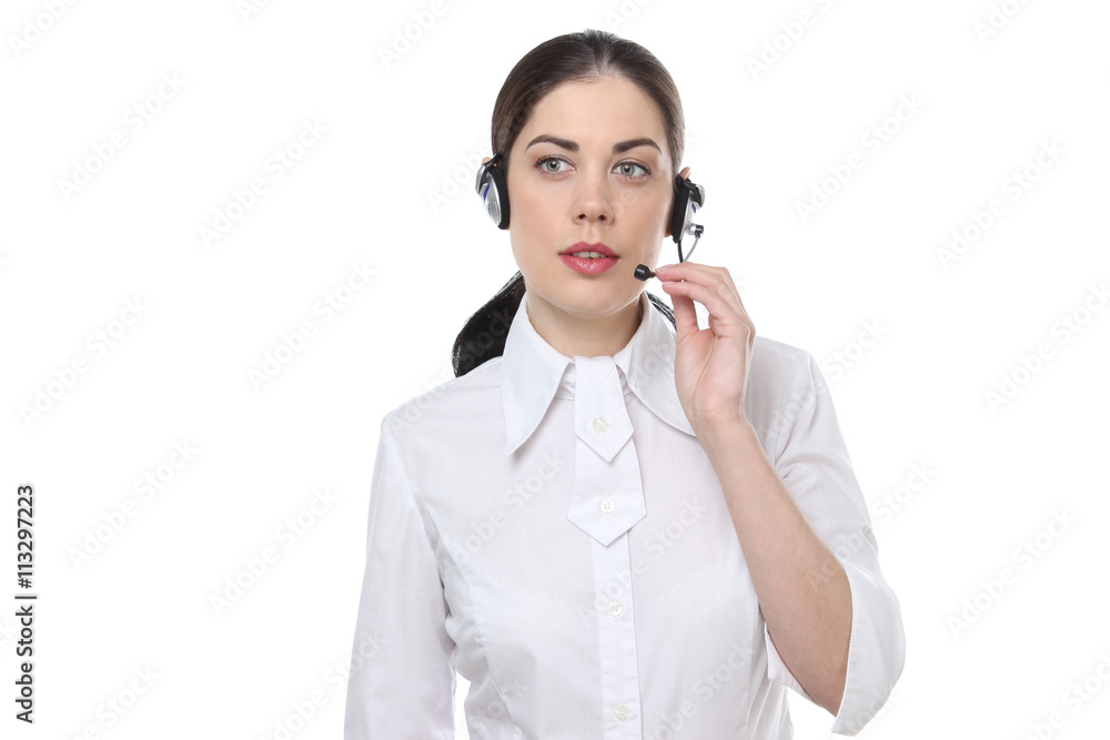 the portrait of young adult beautiful brunette woman with headset isolated on white background the portrait of young adult beautiful brunette woman with headset isolated on white background