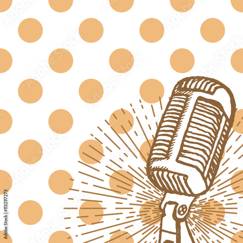 Retro microphone background. Hand drawn vintage illustration. Suitable for banner, ad, placard, invitation to karaoke night party. Vintage design element with seamless pattern on backdrop