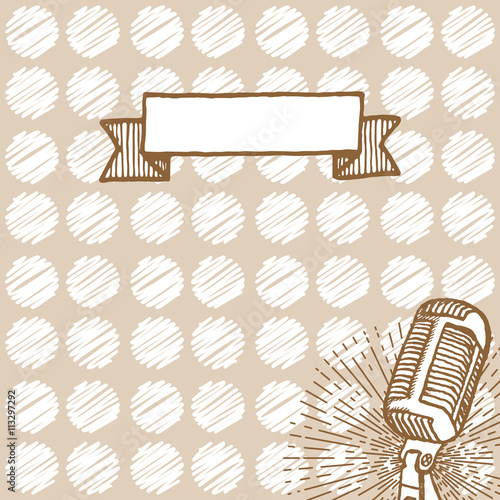 Retro microphone background. Hand drawn vintage illustration. Suitable for banner, ad, placard, invitation to karaoke night party. Vintage design element with seamless pattern on backdrop