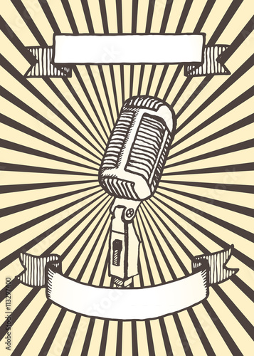Retro microphone background. Hand drawn vintage illustration. Suitable for banner, ad, placard, invitation to karaoke night party. Vintage design element with ribbon