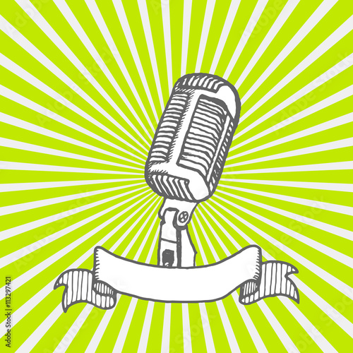 Retro microphone background. Hand drawn vintage illustration. Suitable for banner, ad, placard, invitation to karaoke night party. Vintage design element with ribbon