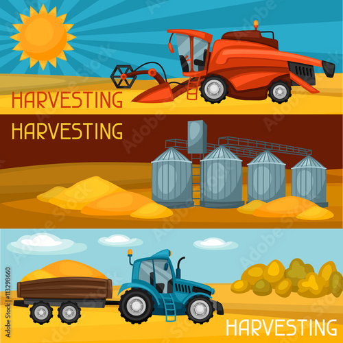 Set of harvesting banners. Combine harvester, tractor and granary. Agricultural illustration farm rural landscape