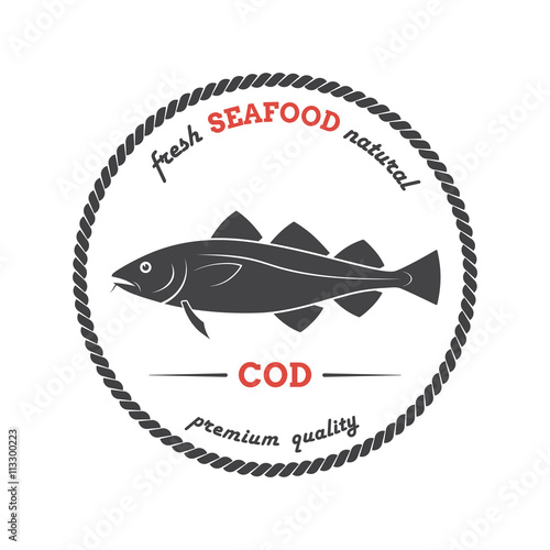 Vector cod silhouette. Cod label. Template for stores, markets, food packaging. Seafood illustration.