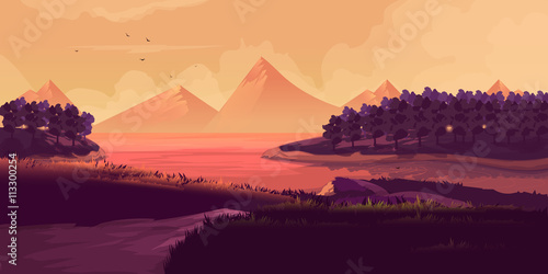 Illustration Of Night Landscape, Mountains, Sunset
