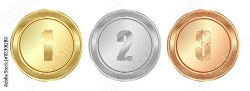 Vector round polished gold silver bronze medals the first second