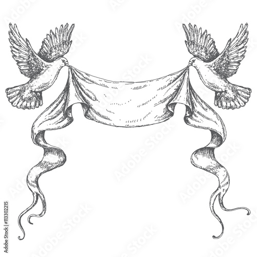 Hand Drawn Sketch of Flying Doves with Ribbon