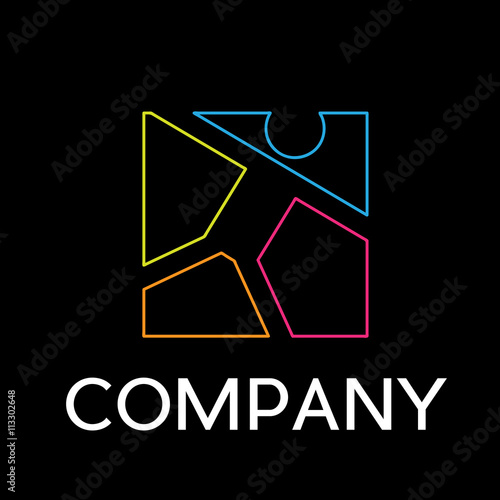 Vector sign abstract happy child jumping, in linear style on bla