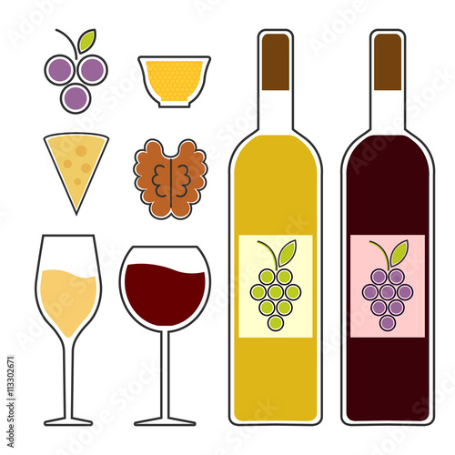 wine set, wine bottle, glass of wine, cheese plate icon. vector illustration.