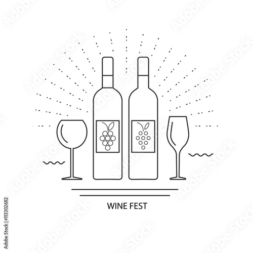 wine set, bottle and glass of wine. white and red. vector illustration.