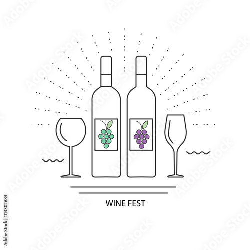 wine set, bottle and glass of wine. white and red. vector illustration.