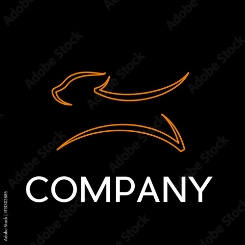 Vector sign abstract dog running, in linear style on black backg