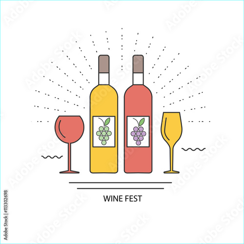 wine set, bottle and glass of wine. white and red. vector illustration.