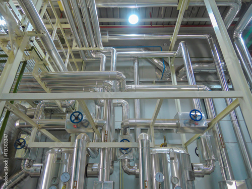 Process Boiler steel piping hot water steam in room for industry.