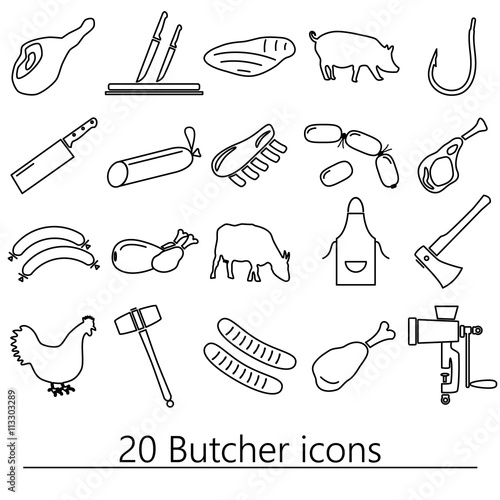 butcher and meat shop black outline icons set eps10