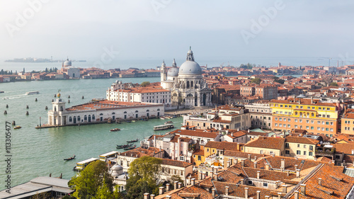 View from the top of San Marco bell tower of roman catholic church Santa Maria della Salute in Venice, Italy. © rois010