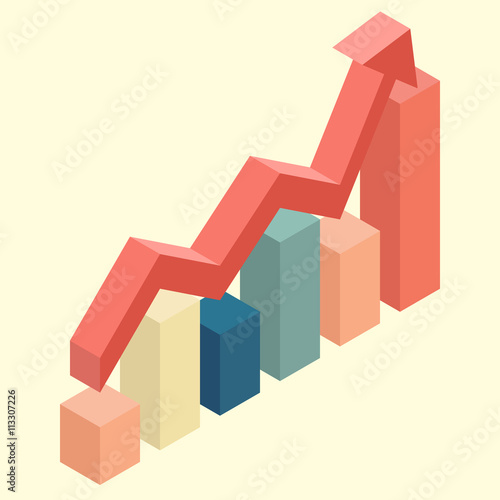Red arrow growth with bar chart isometric