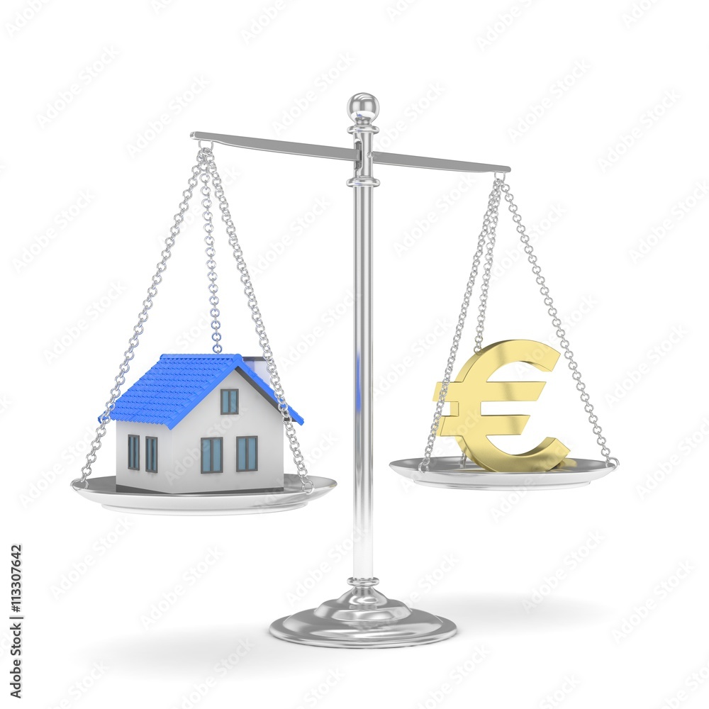Isolated silver scales with golden euro and house on white background. Investment or savings concept. Real estate and currency. 3D rendering. Isolated silver scales with golden euro and house on white background. Investment or savings concept. Real estate and currency. 3D rendering.