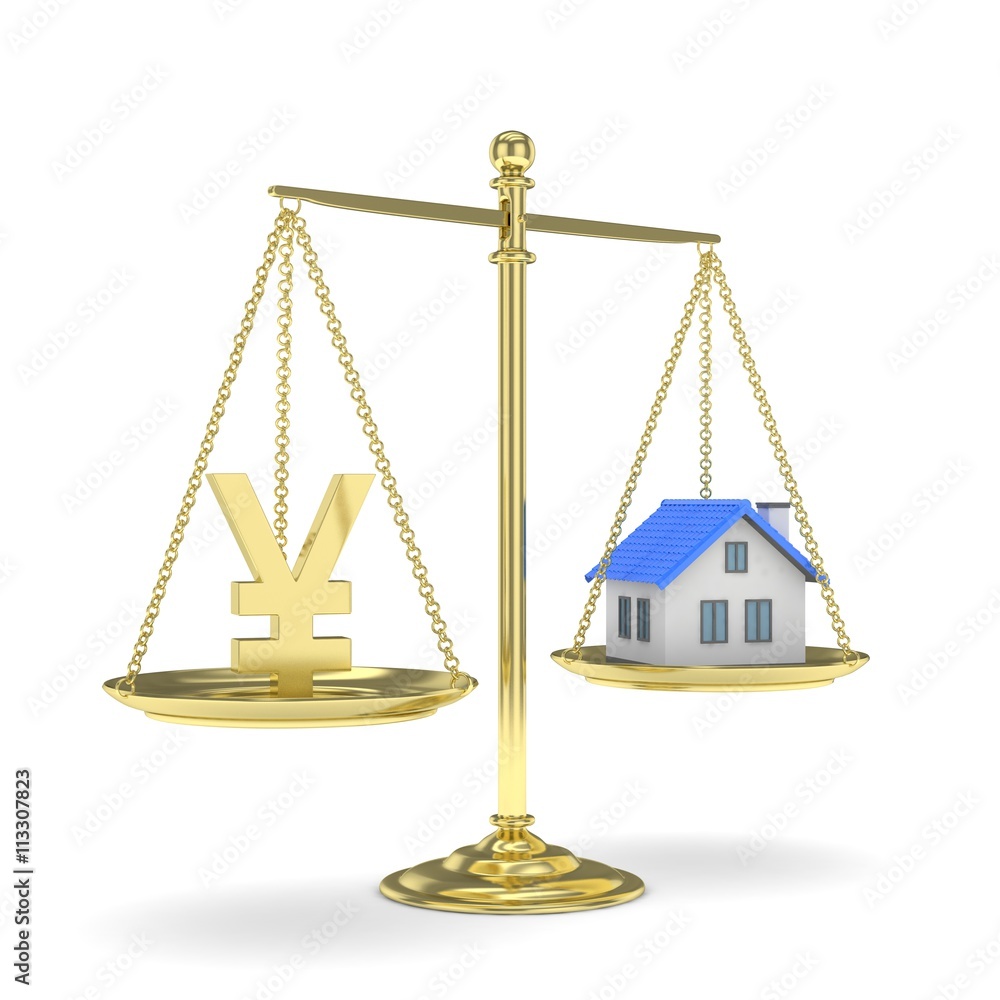 Isolated golden scales with golden yuan and house on white background. Investment or savings concept. Real estate and currency. 3D rendering. Isolated golden scales with golden yuan and house on white background. Investment or savings concept. Real estate and currency. 3D rendering.