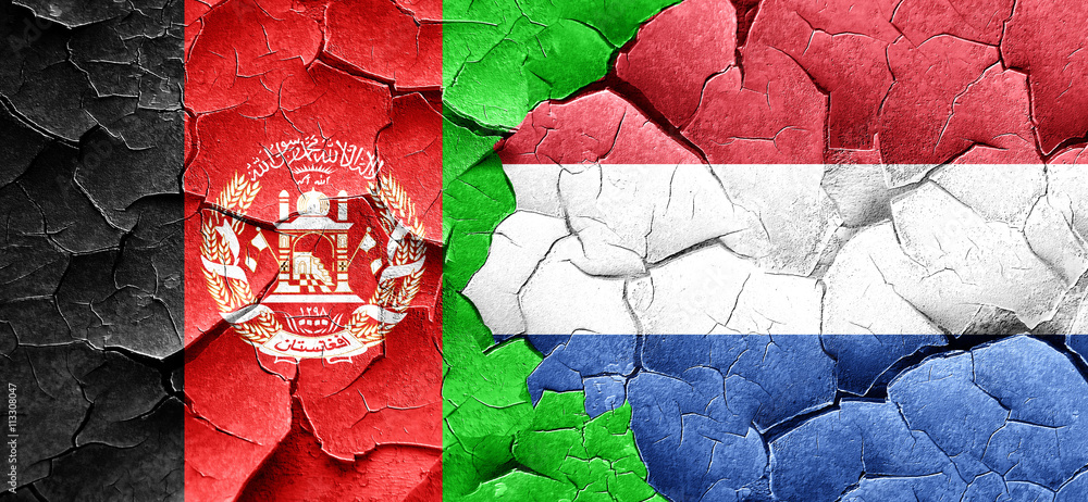Afghanistan flag with Netherlands flag on a grunge cracked wall Afghanistan flag with Netherlands flag on a grunge cracked wall