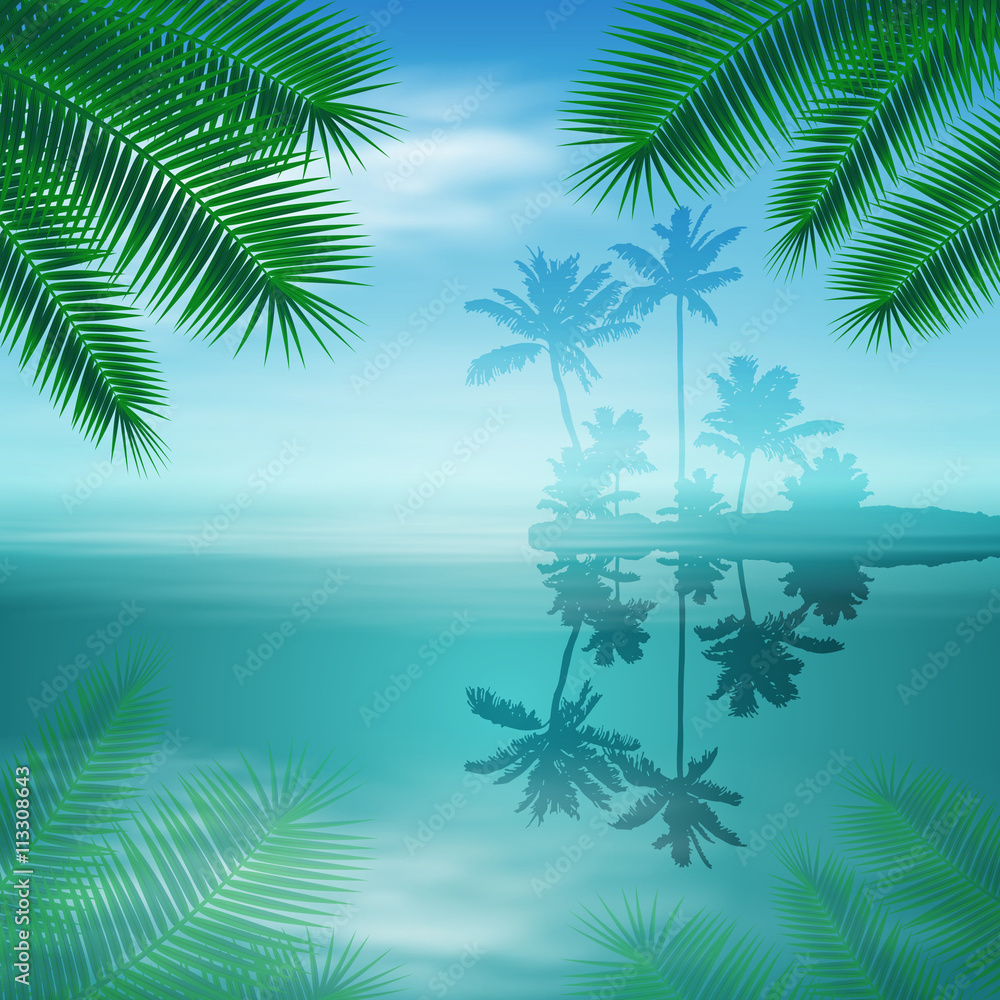 Fototapeta premium Sea with island and palm trees.