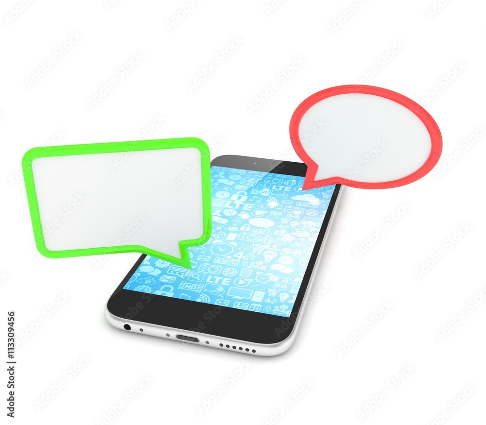 smartphone with bubbles isolated on white background. 3d rendering. smartphone with bubbles isolated on white background. 3d rendering.
