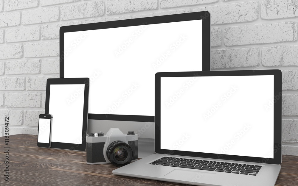 Responsive mockup screen. Monitor, laptop, tablet, phone on table in office. 3d rendering. Responsive mockup screen. Monitor, laptop, tablet, phone on table in office. 3d rendering.