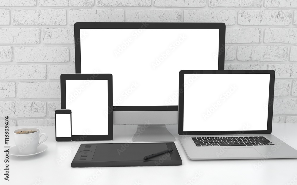 Responsive mockup screen. Monitor, laptop, tablet, phone on table in office. 3d rendering. Responsive mockup screen. Monitor, laptop, tablet, phone on table in office. 3d rendering.