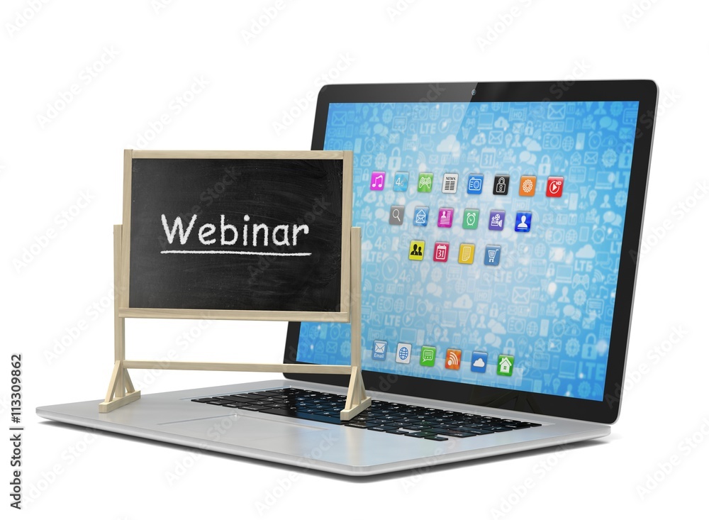 Laptop with chalkboard, webinar, online education concept. 3d rendering. Laptop with chalkboard, webinar, online education concept. 3d rendering.